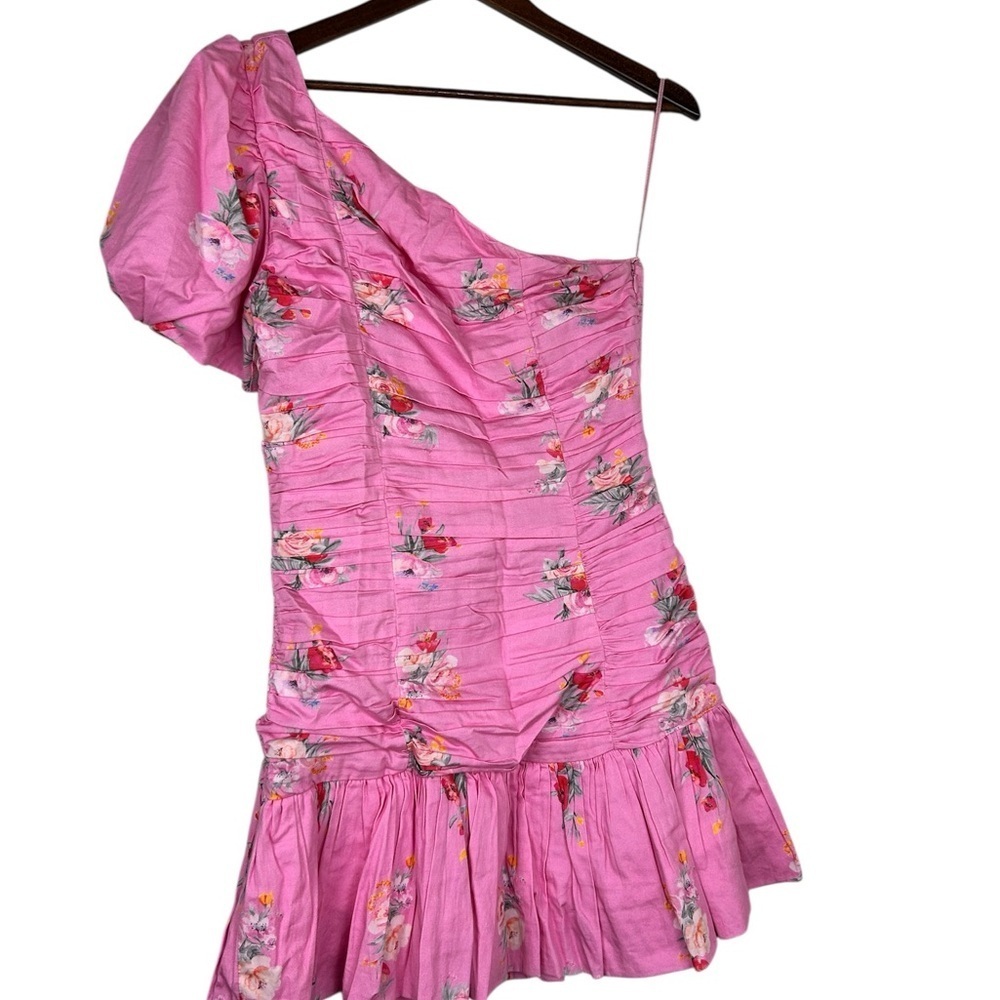 LoveShackFancy Pink Floral One Shoulder Ruched Mini Dress SZ 4 Puff Sleeve - Picture 6 of 8